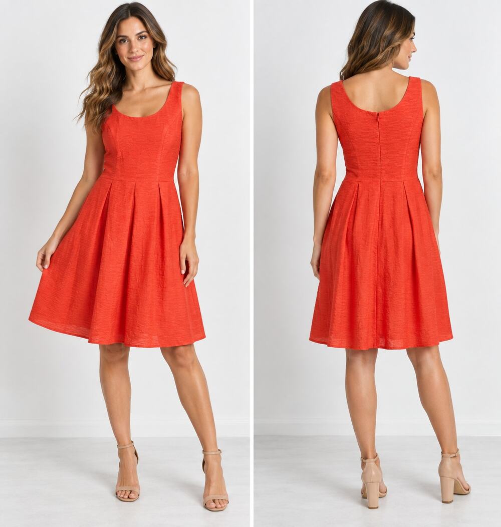 CHAPS Dress Women 8 Orange Fit Flare Pleated Sleeveless Textured NWT $110